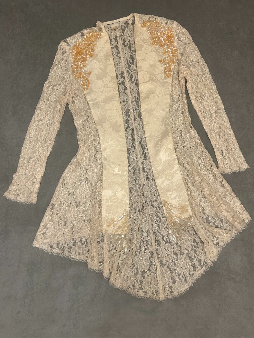 Vintage 70's/80's Victorian Style Ivory Lace Long Evening High Low Beaded Duster